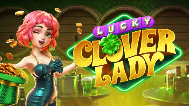 "A vibrant slot game featuring the Lucky Clover Lady surrounded by golden coins, four-leaf clovers, and glowing reels in an enchanted Irish setting."